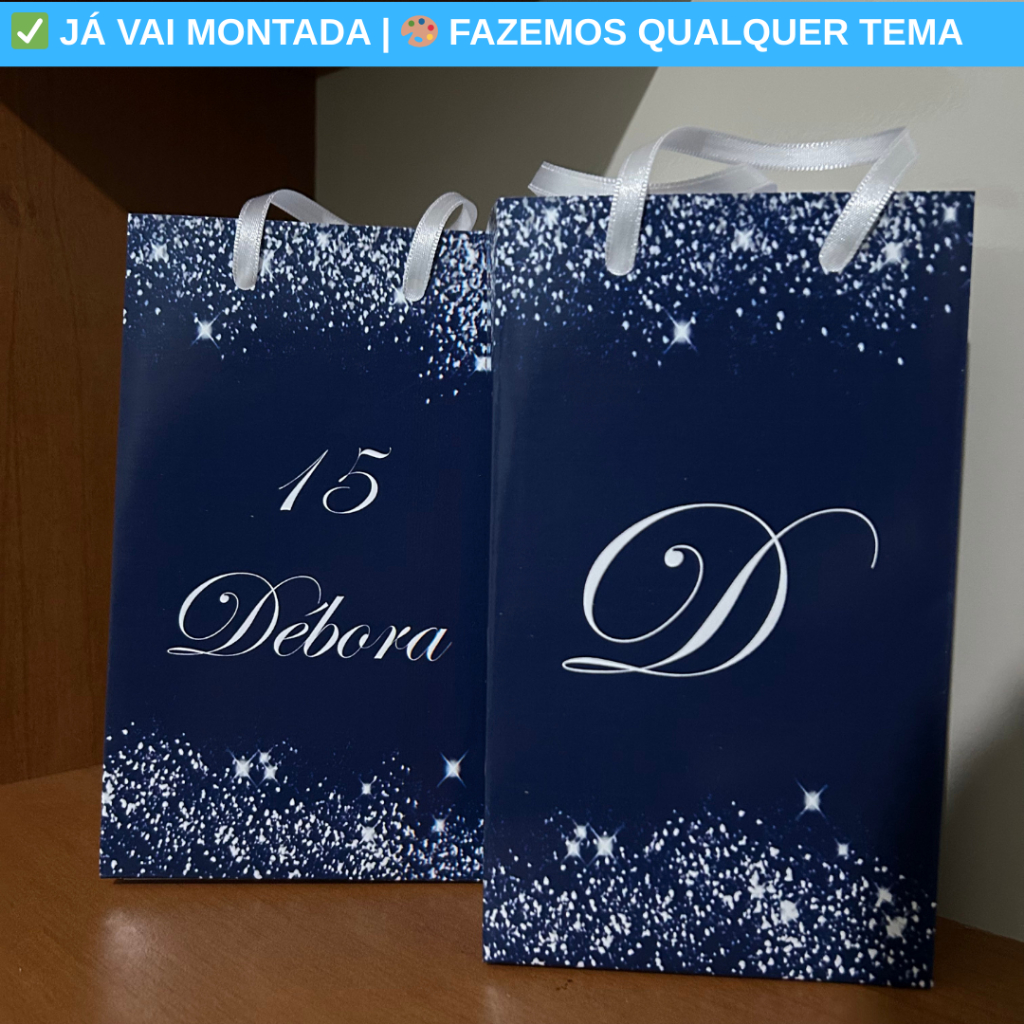 Sacolinha Surpresa Personalizada XV Anos 15 Anos Azul Marinho e Prata Lembrancinha Aniversario Temas