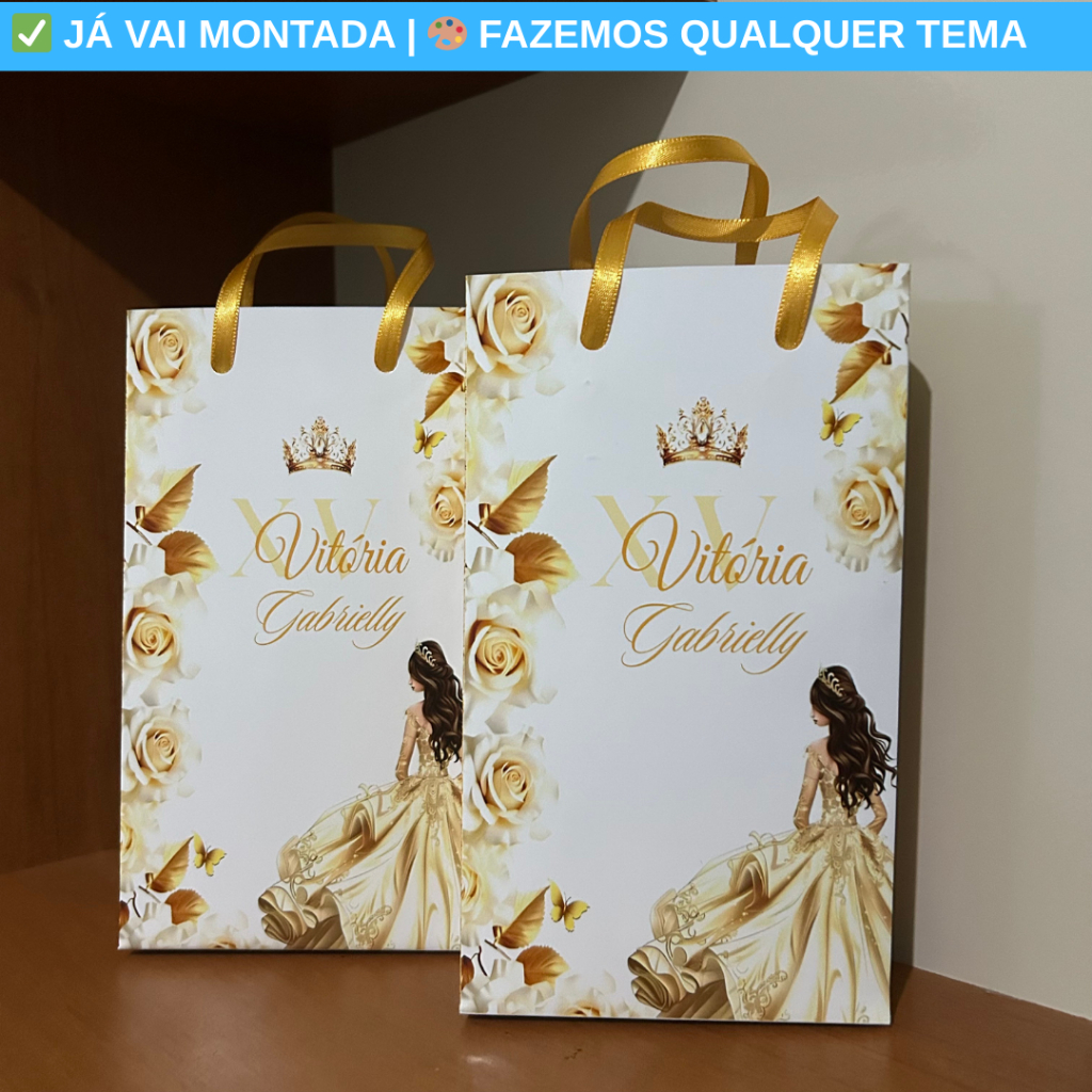 Sacolinha Surpresa Personalizada XV Anos 15 Anos Dourado e Branco Lembrancinha Aniversario Debutante