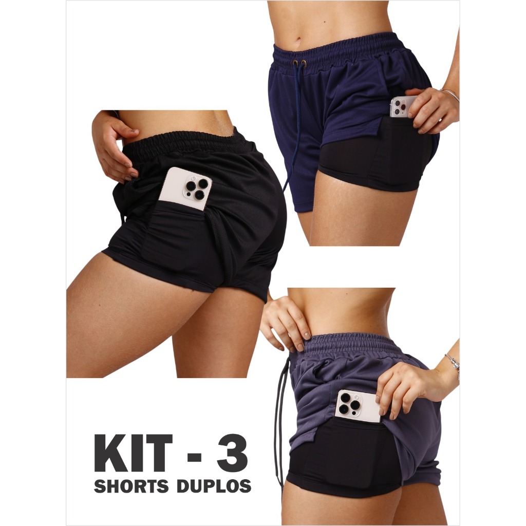 Kit Com 3 Peças Short Duplo Feminino Treino Conforto Estilo Dryfit Academia Fitness Atividade Física em Oferta na Shopee