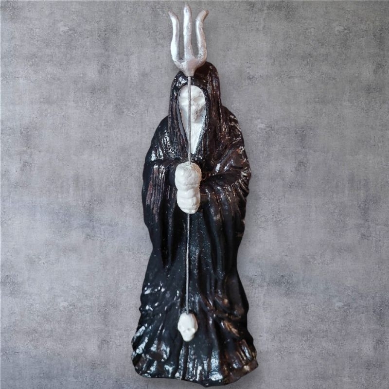 Imagem Exu Caveira Escultura pronta para batismo 24 cm com Garfo Prata