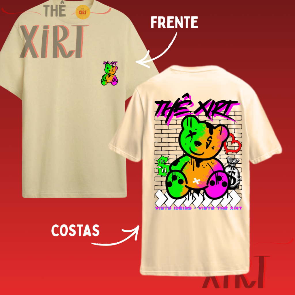Camisa Estampada 100% Algodão Camiseta Streetwear "Urso Colorido" Thê Xirt Dupla Estampa
