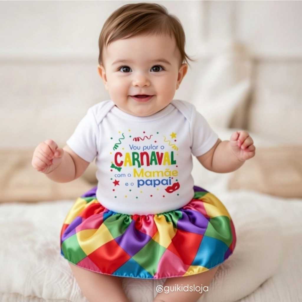Body Bebê Temático Mesversario Carnaval - Vou pular carnaval com a mamãe e o papai - manga curta