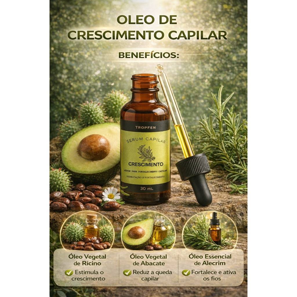 Óleo Capilar de Alecrim 30ml - Crescimento Antiqueda Capilar Brilho Fortalecedor