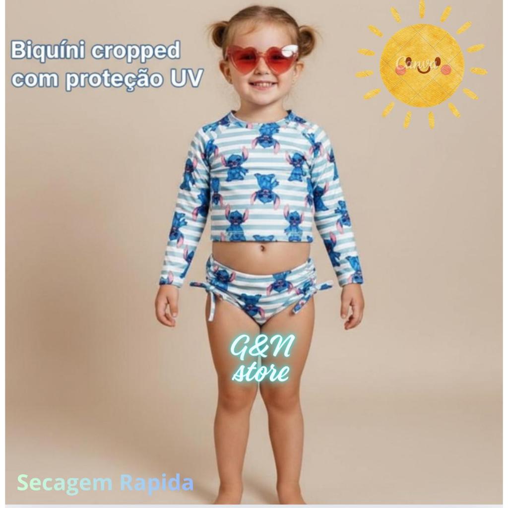 Biquini Cropped Manga Longa Calcinha proteção solar UV/Conjunto Cropped com calcinha moda praia menina natação. Stitch