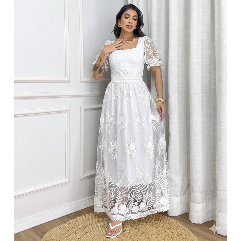 Vestido longuete Tule Vermelho Midi de Festa Renda Bordada Elegante com Manga 3/4 Tule
