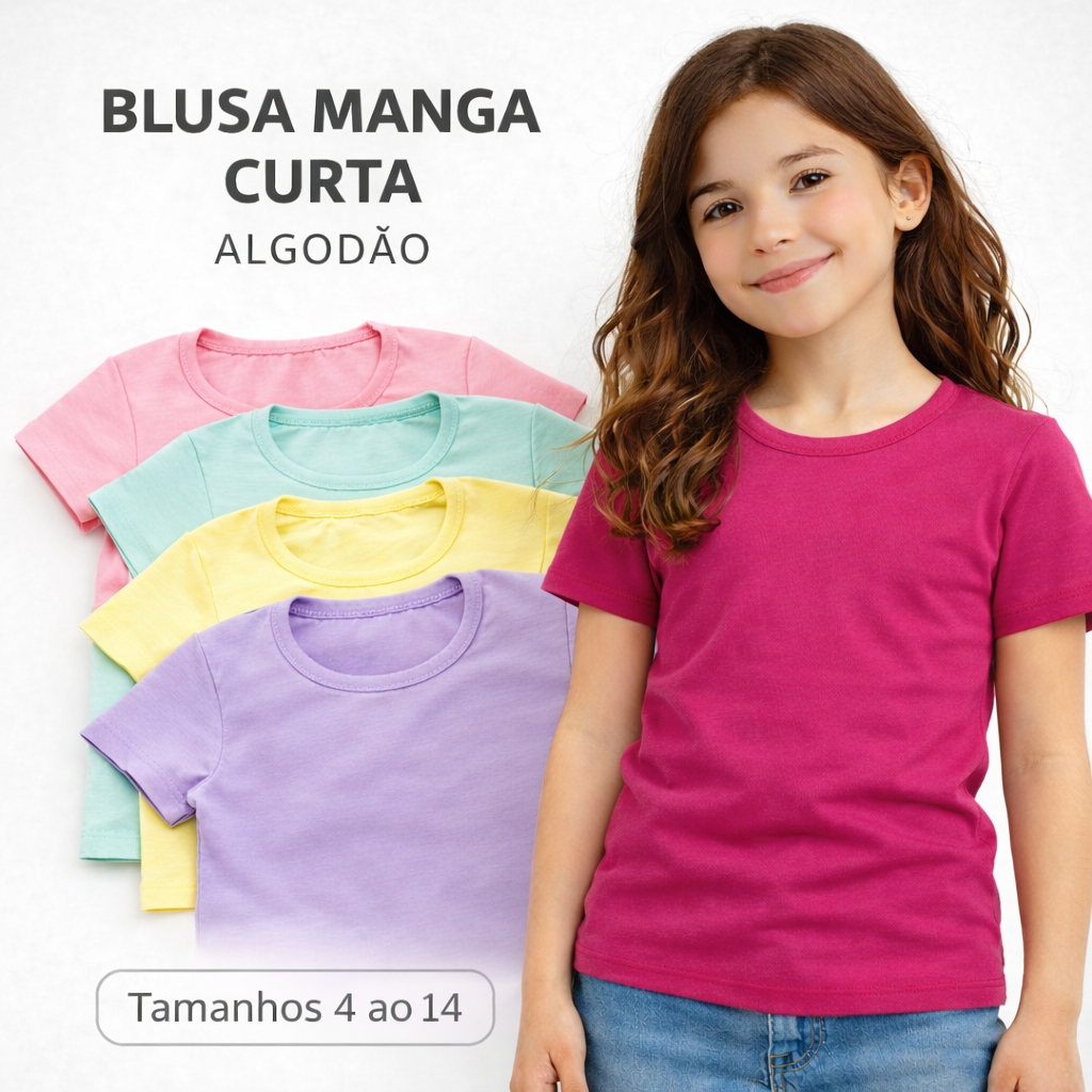 Kit Blusa Manga Curta Infantil Básica Menina, Baby Look Algodão Tamanhos 1 AO 14 em Oferta na Shopee