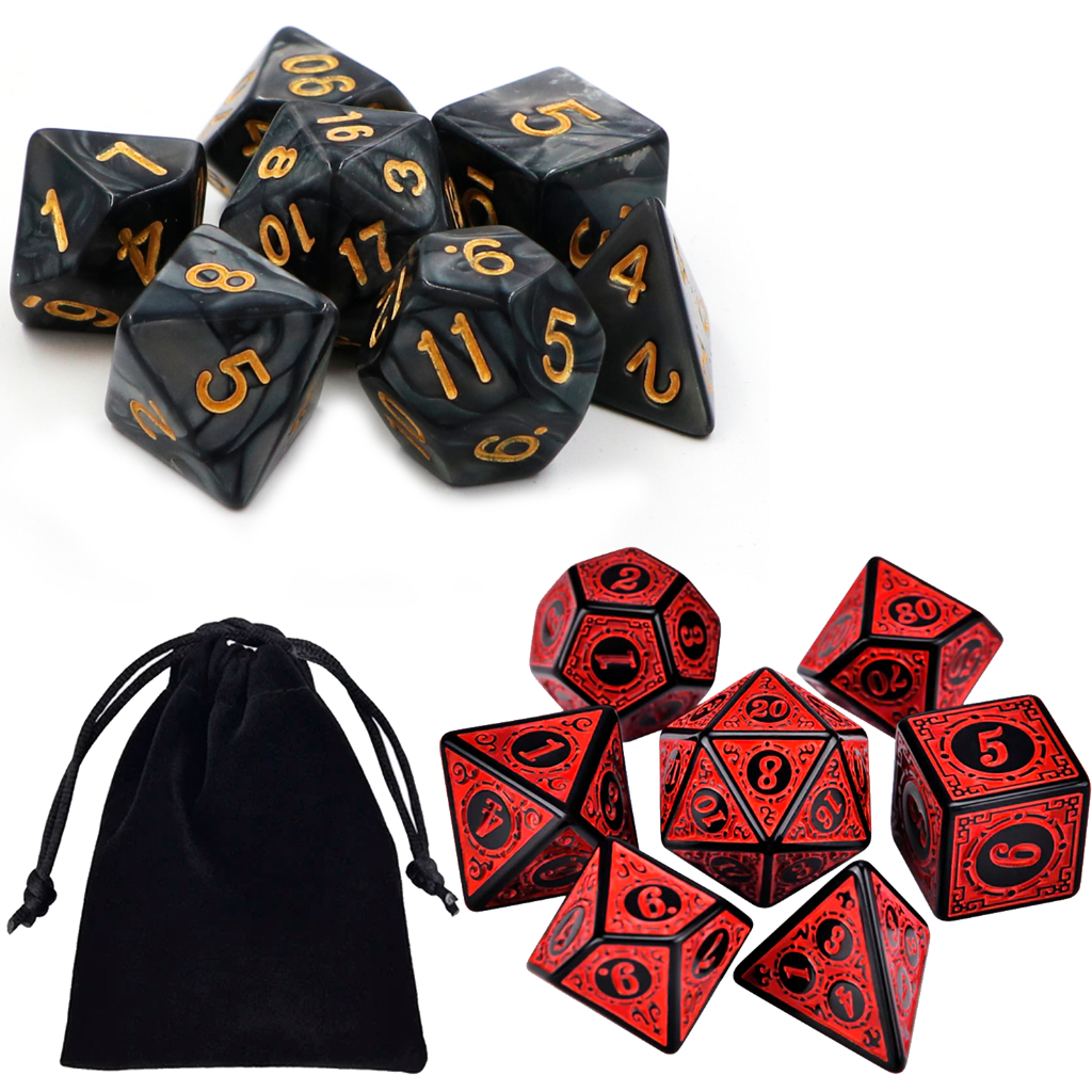 Kit Dados Rpg de Mesa Vermelho Runas e Preto Marmorizado Perolado D4 D6 D8 D10 D10% D12 D20