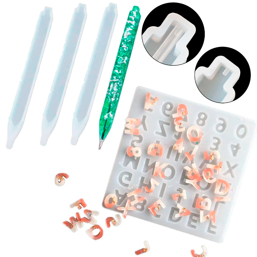 Kit 3 Forma Molde Silicone Caneta Quadrada + Alfabeto Pequeno Resina Epóxi Artesanato
