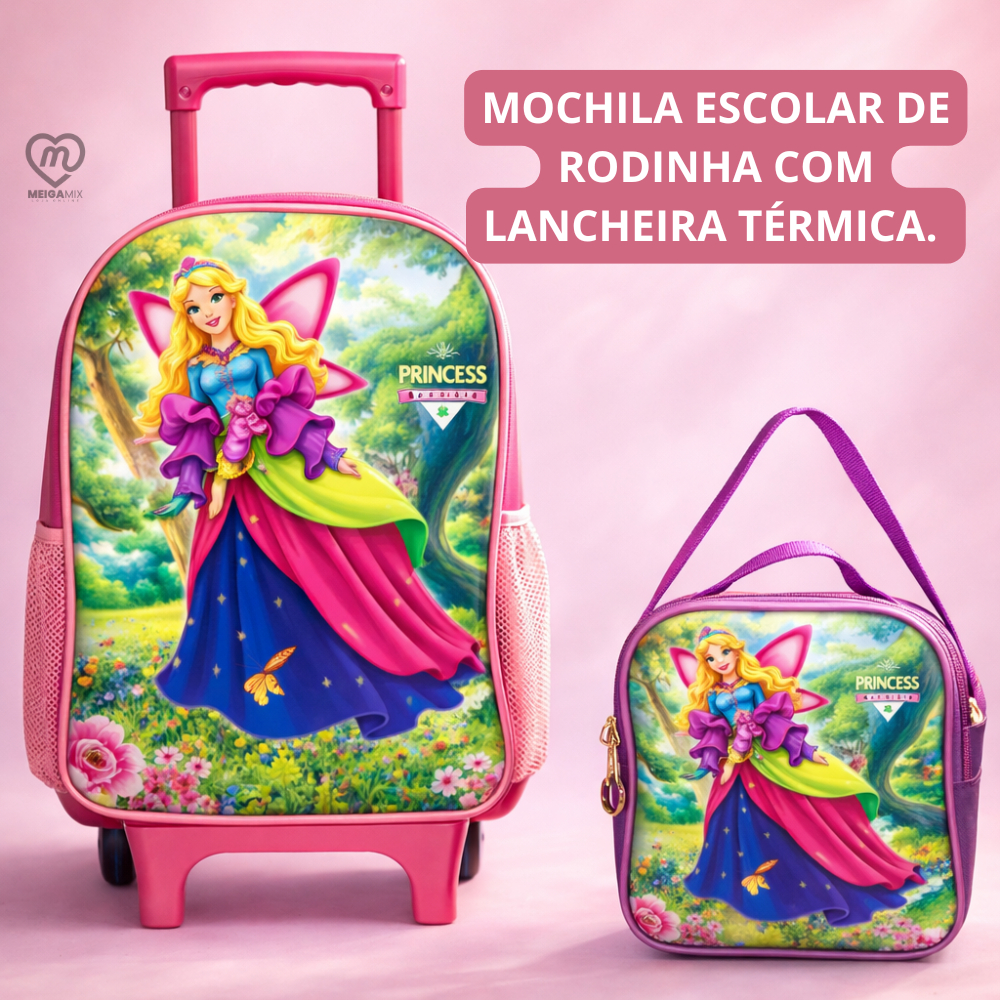 Kit Mochila De Rodinhas Princess Wings  Infantil Com Lancheira Térmica Menina Escolar Creche