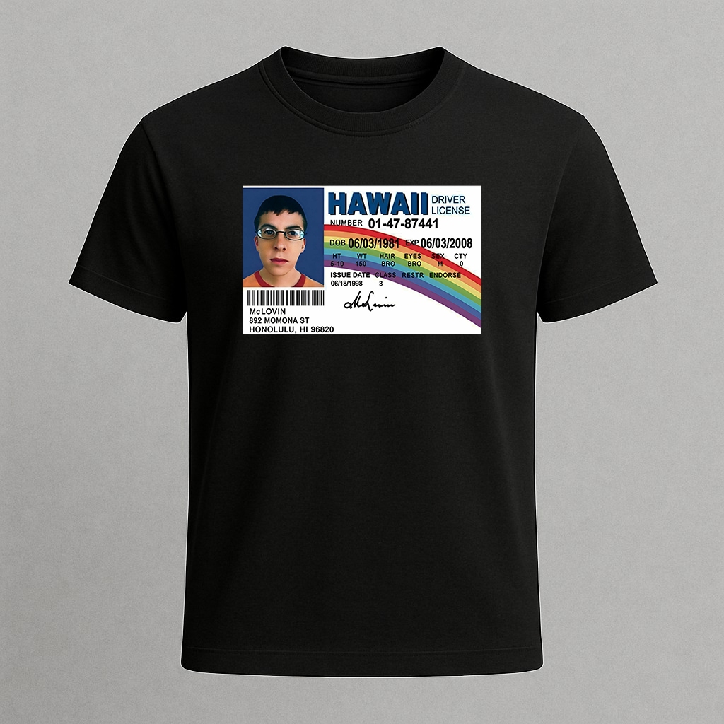 Camiseta Masculina De Algodão Filme SuperBad " RG Falso McLovin" Ótima Qualidade Confortável Unissex