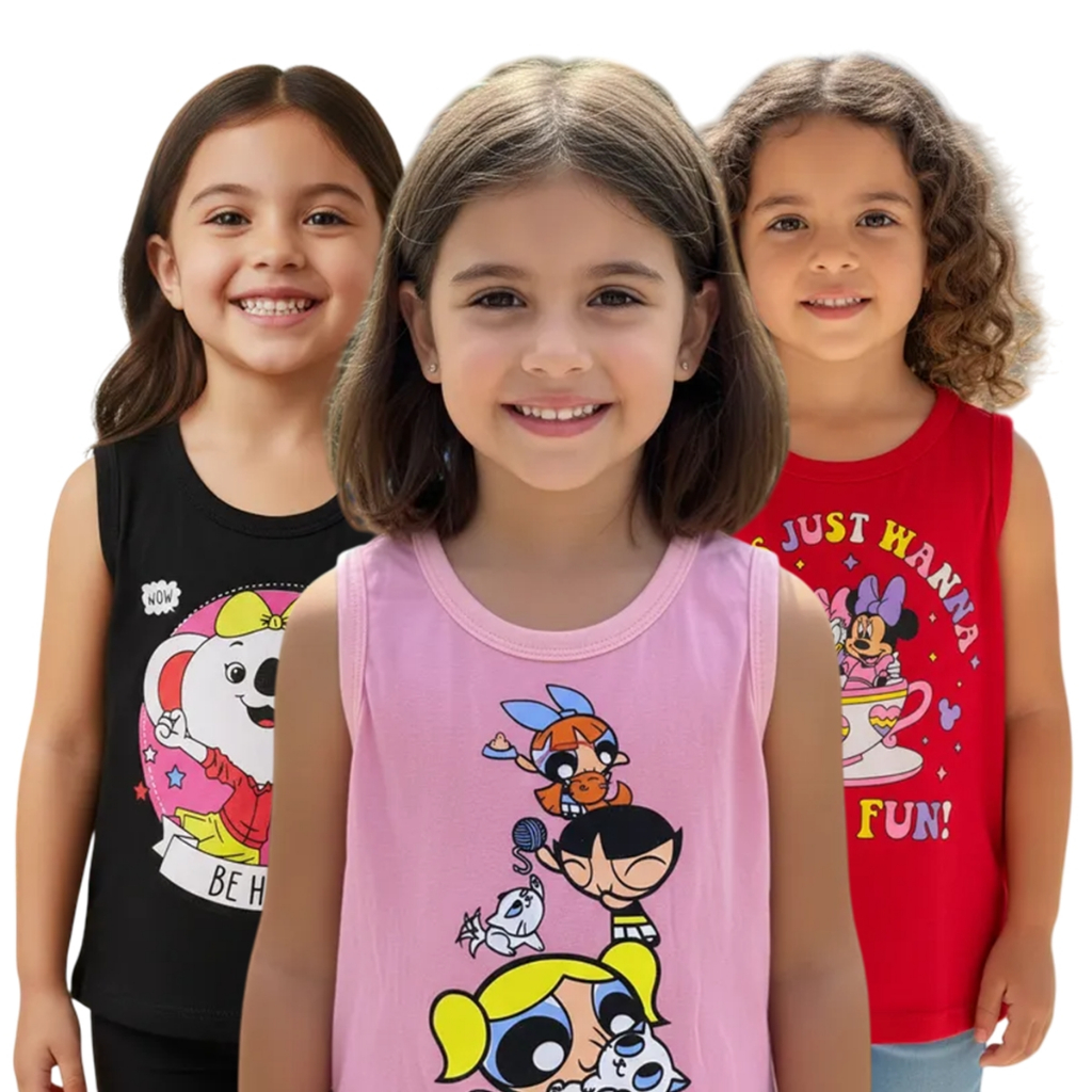Kit 5 Regatas Infantil Feminina Estampada Desenhos de Menina 100% Algodão 2 à 8 Anos