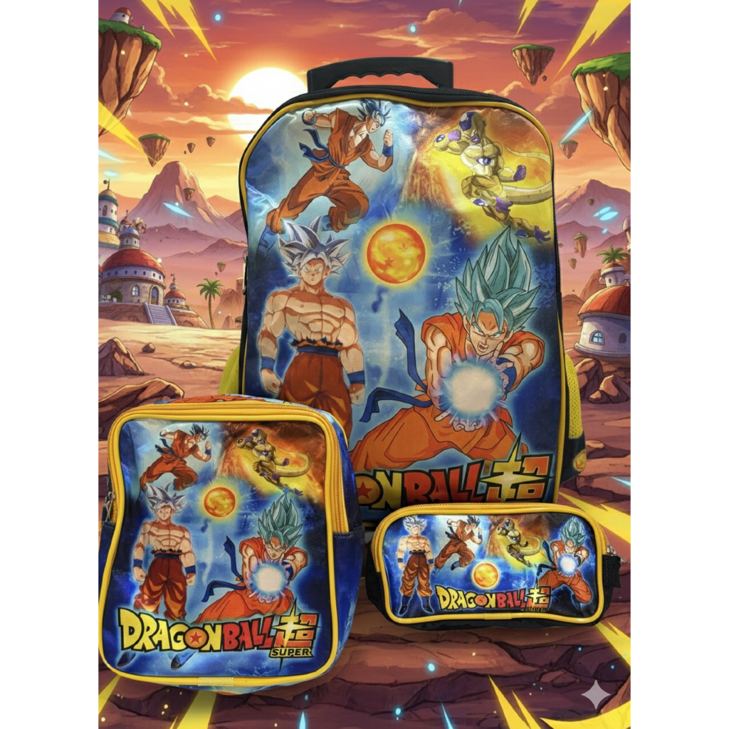 Kit Escolar Dragon Ball Z Super Sayajin - Mochila de Rodinhas + Lancheira + Estojo