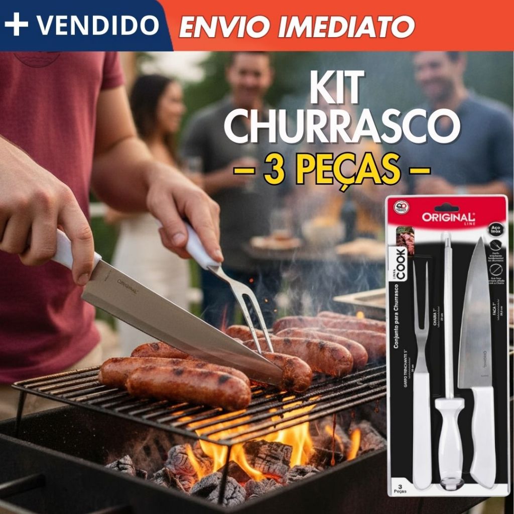 Kit para Fazer Churrasco 3 Peças Inox Faca Garfo Trinchante Chaira Afiador Faca Conjunto Linha Cook