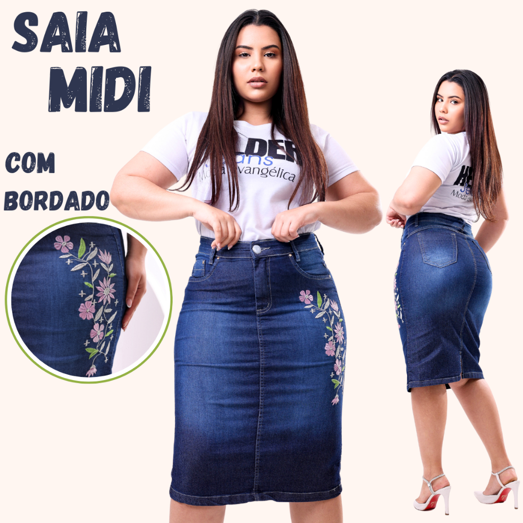Saia Jeans Midi Evangelica Bordada Cintura Alta com Lycra em Oferta na Shopee