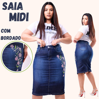 Saia Jeans Midi Evangelica Bordada Cintura Alta com Lycra