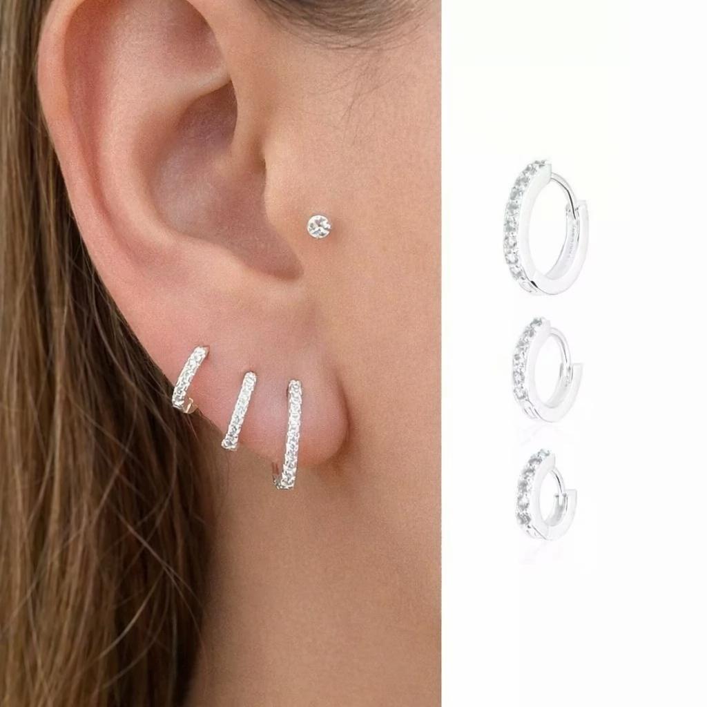 Trio de brinco argola prata 925, cravejado, liso, fino zirconia em Oferta na Shopee