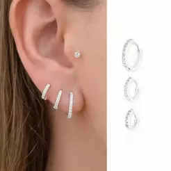 Trio de brinco argola prata 925, cravejado, liso, fino zirconia