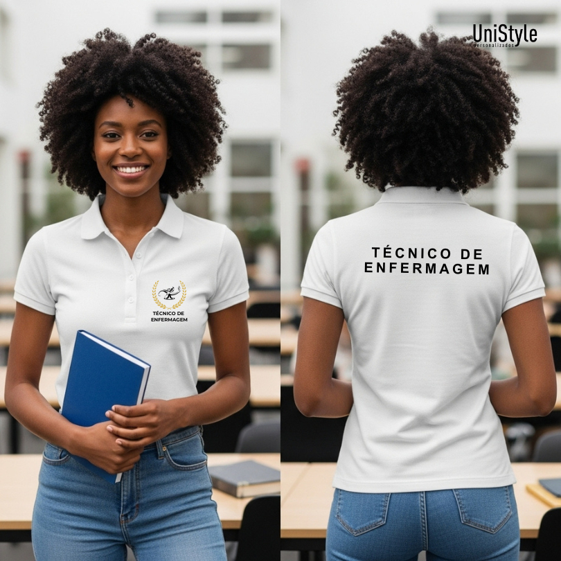 Camisa Gola Polo Técnico de Enfermagem Profissões Unissex e Baby Look Brasão em Malha Piquet Premium