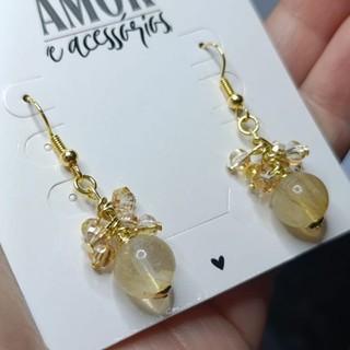 Brinco cristal rutilo natural-Folheado a Ouro 18k antialérgico