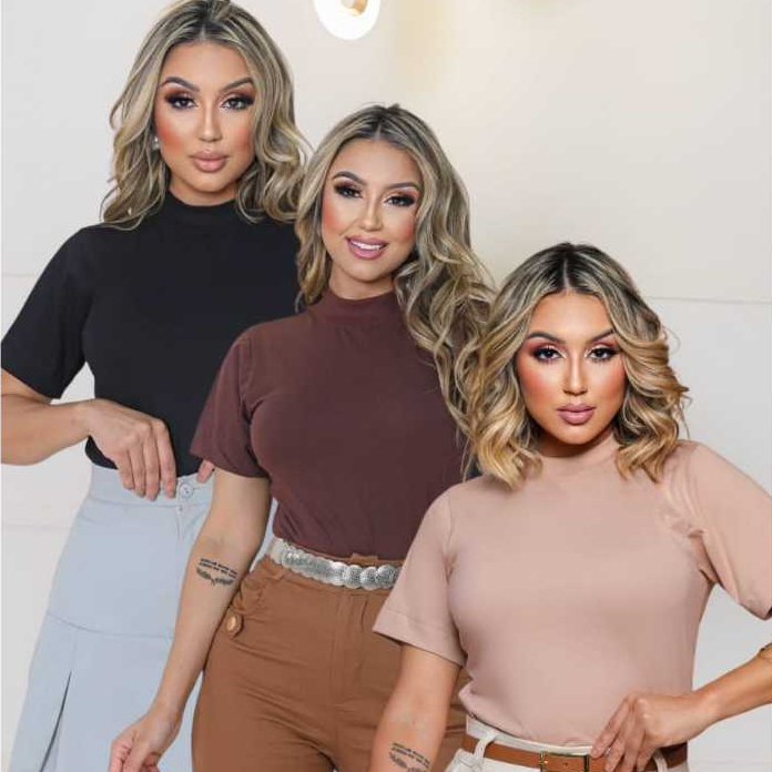 kit 3 Blusas T-shirt Gola Alta Blusa  Feminina Gola Alta Ribana Camiseta básica 100% Algodão Premium em Oferta na Shopee