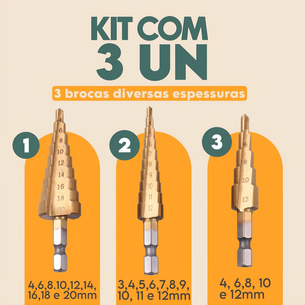 Kit 3 Brocas Escalonada Titânio 3-12 4-12 -20mm Jogo Broca Hexagonais Cônicas Bits Métricos Cônicos