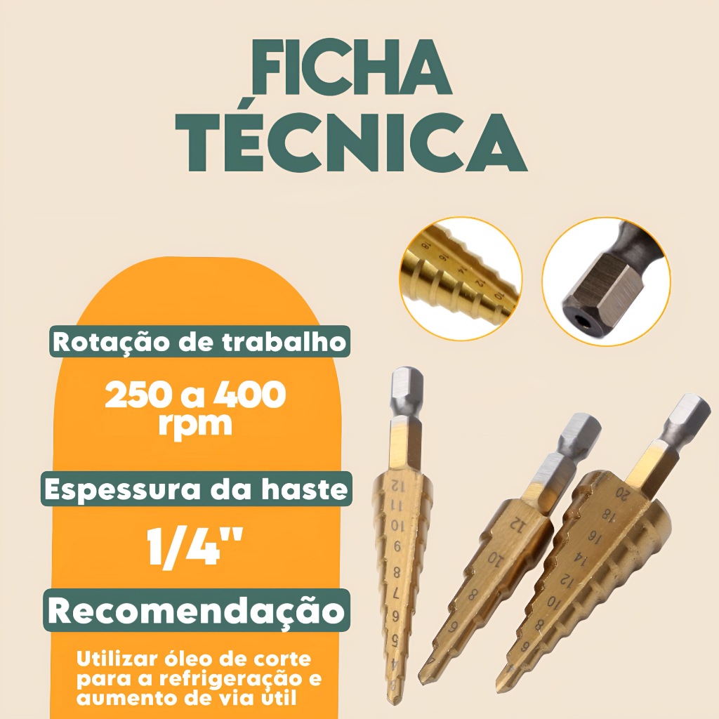 Kit 3 Brocas Escalonada Titânio 3-12 4-12 -20mm Jogo Broca Hexagonais Cônicas Bits Métricos Cônicos