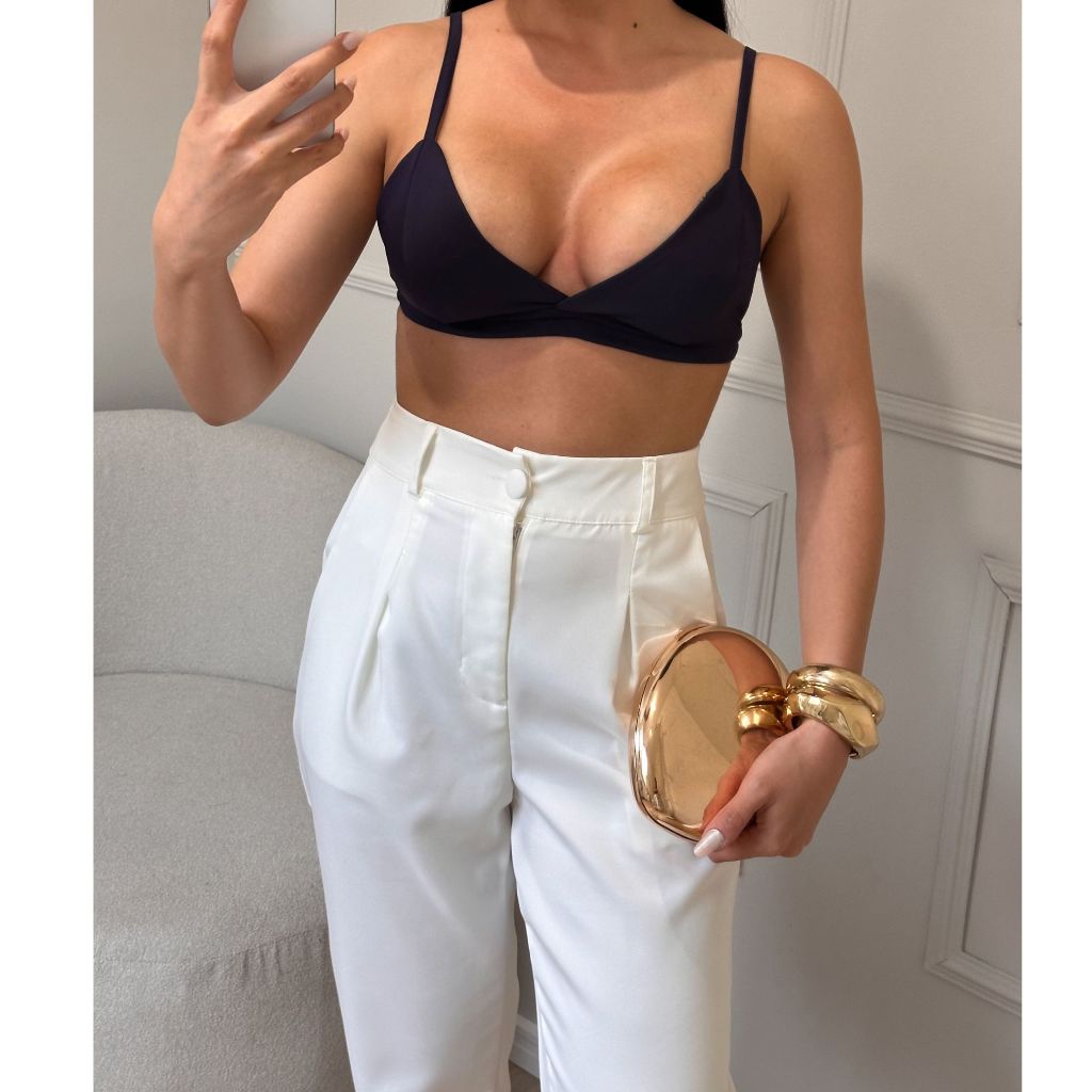Calça Feminina Alfaiataria Estilo Social Executivo com Zíper Frontal, Pence e Cintura Alta P até GG