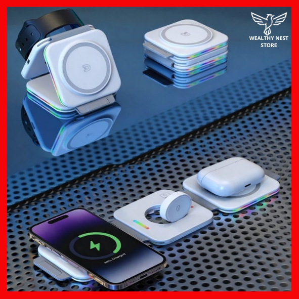 Carregador Magnético Sem Fio Dobrável 3 Em 1 Para iPhone, AirPods, Apple Watch