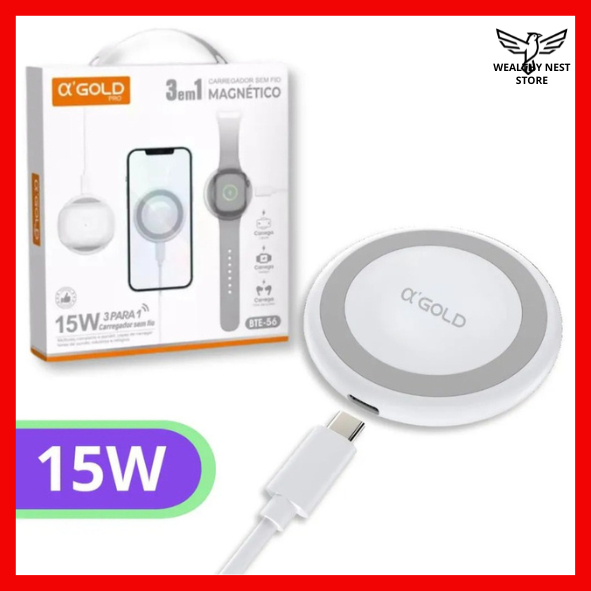 Carregador Magnético Magsafe 15W 3 em 1 Para Fone (Air Pods), Celular iPhone, Relógio (Apple Watch) A'gold