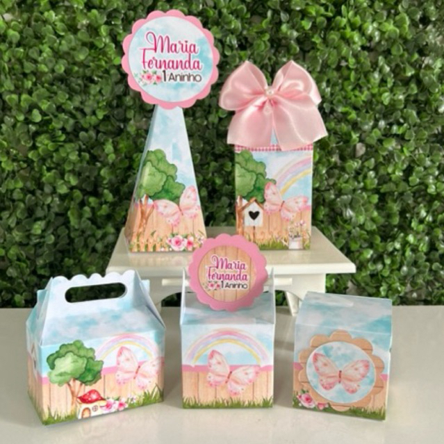 PEGUE E MONTE Kit Caixinhas Personalizadas Jardim Encantado Borboletas Kit Festa Lembrancinhas