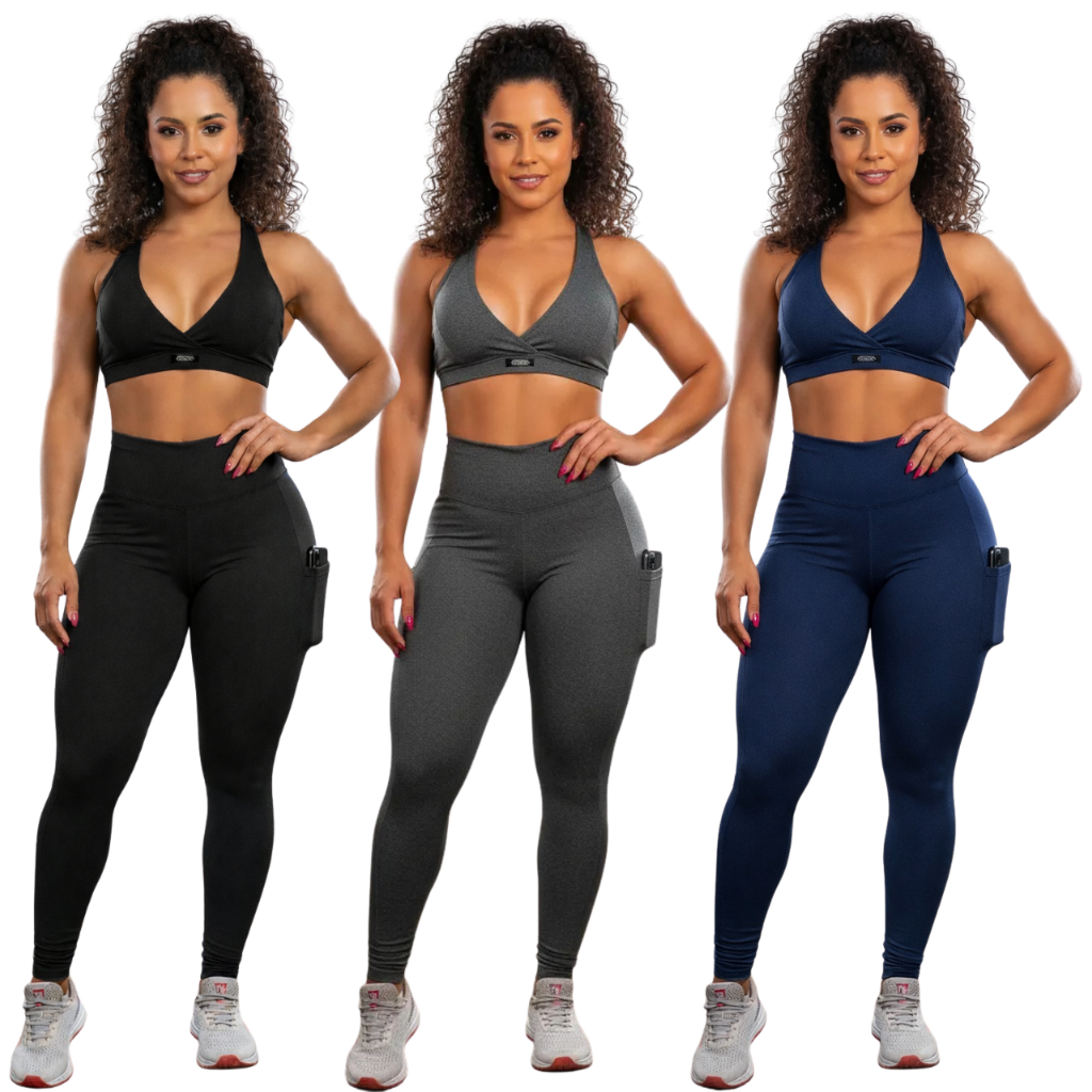 Kit 3 Calças Legging C/ Bolso Cós Alto Feminina Suplex Power Academia Trabalho Caminhada