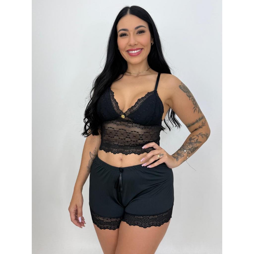 Kit Baby Doll Pamela Renda Feminino Sexy Romantique  Dia a Dia Leve Casual Pijama Curto Linha Noite Liso  Delicado