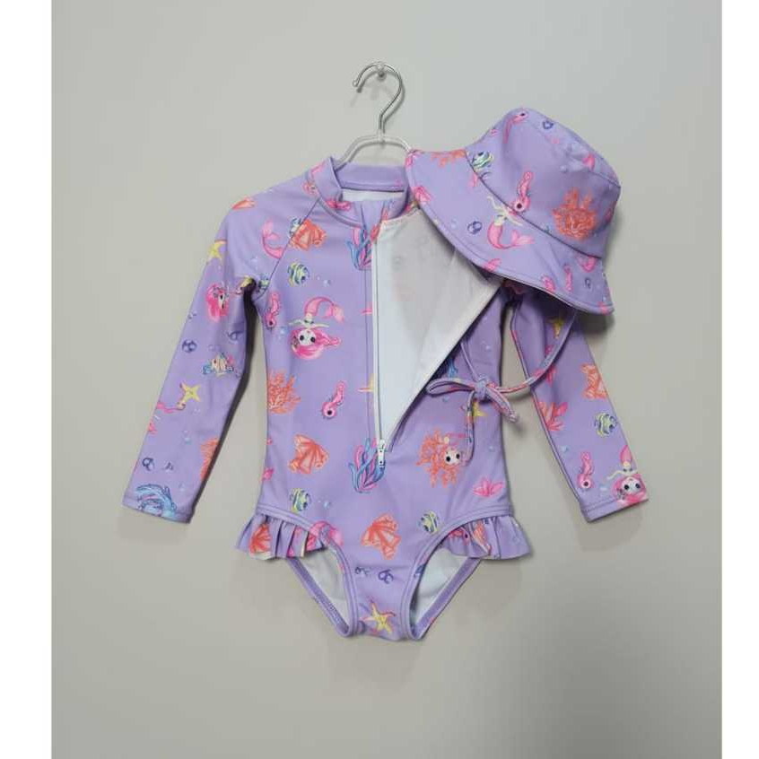 Maiô Bebê/ infantil. proteção UV. Manga Longa + Chapéu. estampas divertidas|  de 0 a 36 Meses | Zíper Frontal e Forrado