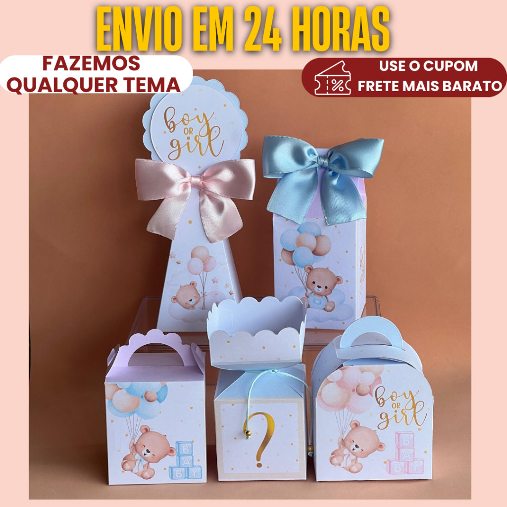 Lembrancinha Personalizada PEGUE E MONTE Chá de revelação Rosa/Azul Ursinho - Kit festa caixinha