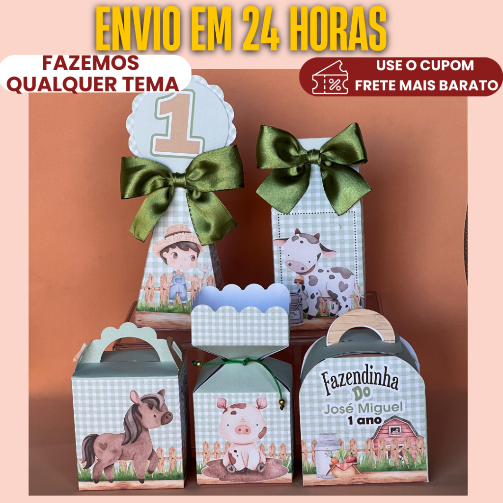 Lembrancinha Personalizada PEGUE E MONTE Fazendinha Verde e Marrom - Kit festa aniversário, mesversario, caixinha