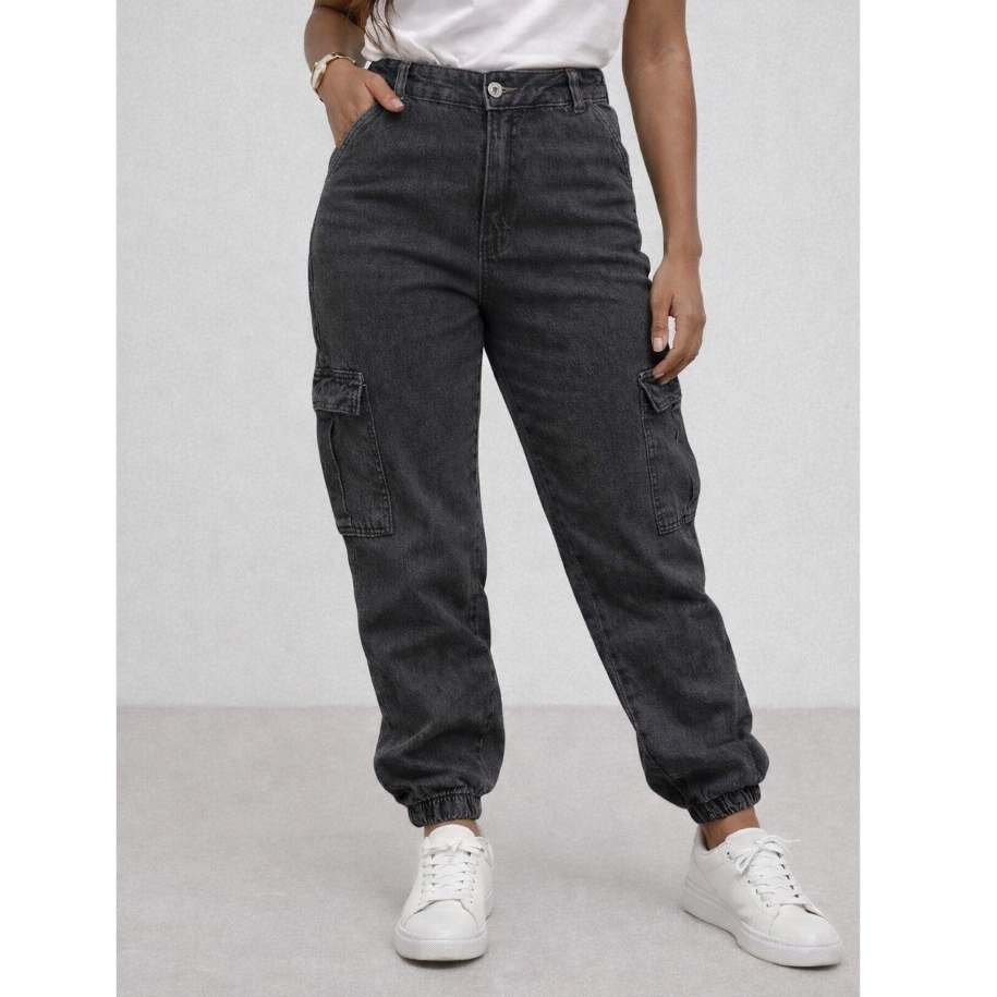 Calça Jeans Cargo Jogger Feminina Cintura Alta Com Elastico na Barra Streetwear Woman