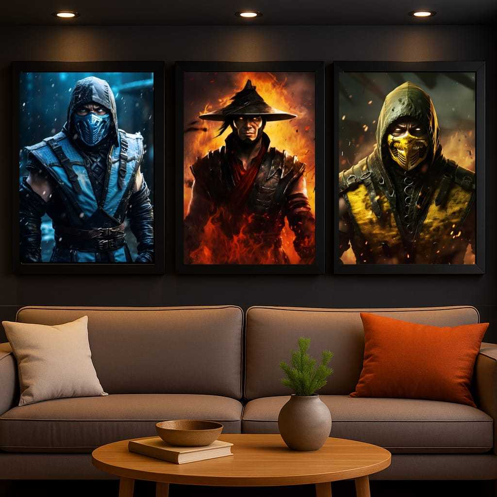 Kit 3 Quadros Mortal Kombat – Sub-Zero Scorpion Raiden Decorativo