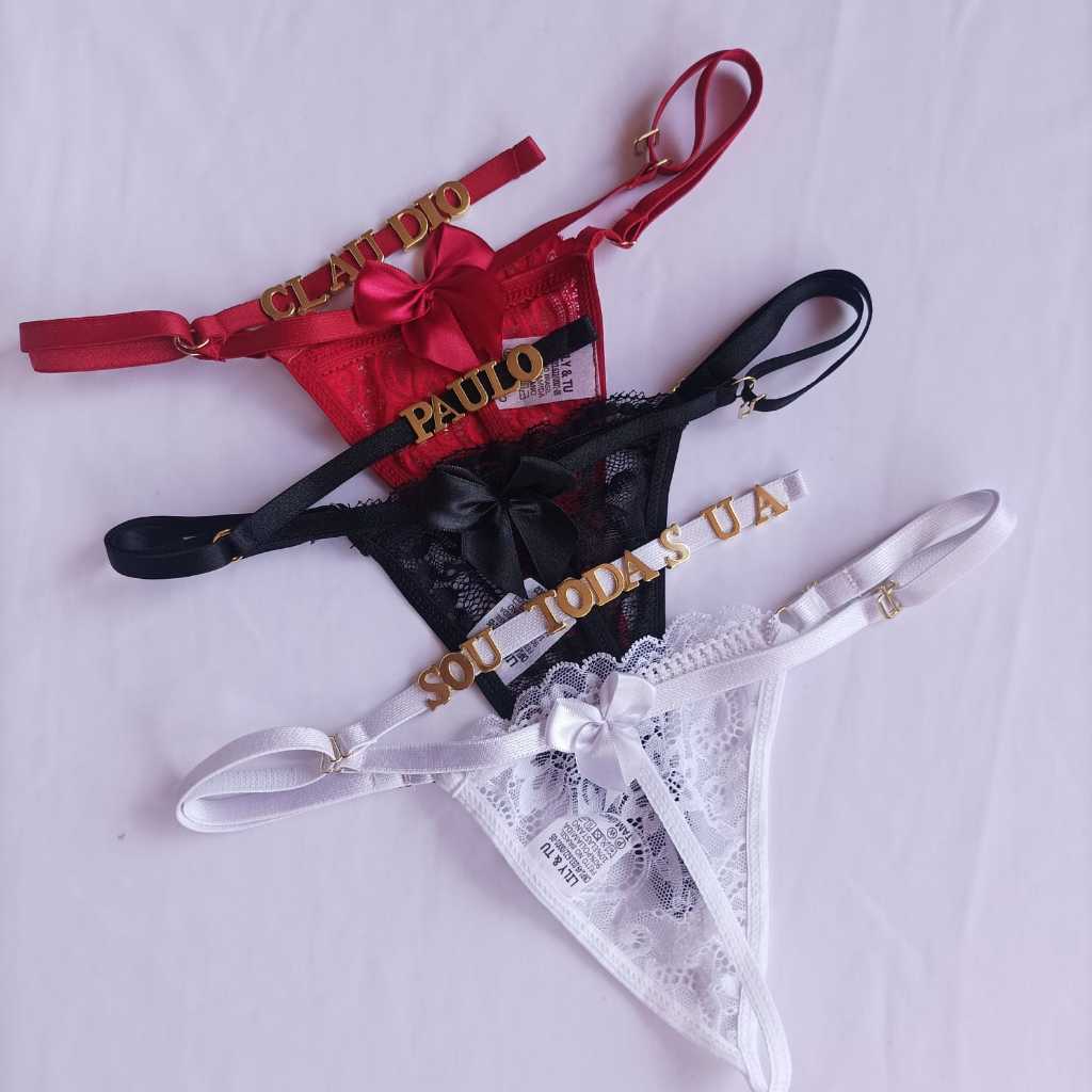 Calcinha Fio Dental Renda Personalizada com Letras Douradas em Oferta na Shopee
