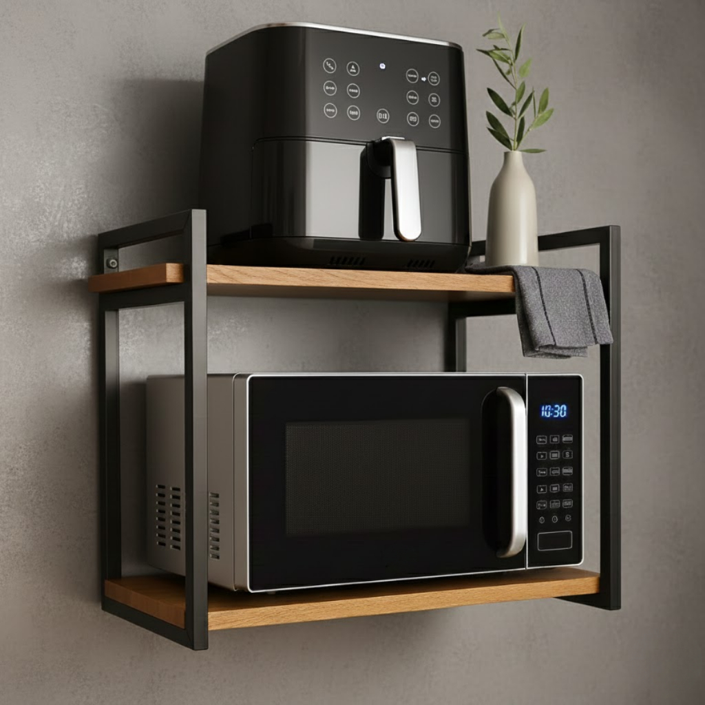 Suporte Nicho De Microondas Forno Prateleira Industrial Reforçada 60cm Metalon e Tábua de Pinus
