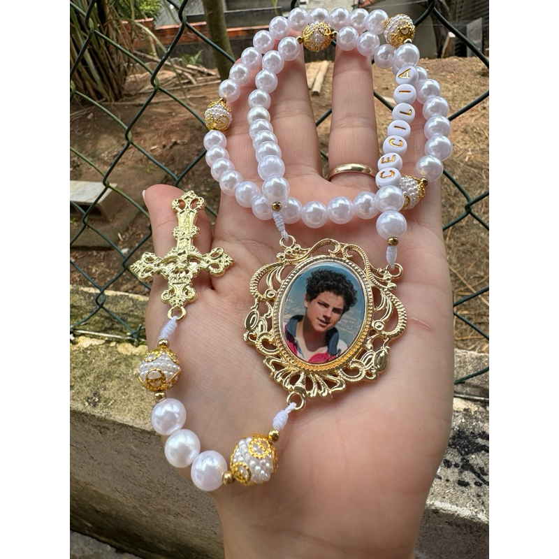 Terço Personalizado com Foto Noiva Casamento Relicário Lembrança Luto Católico Exclusivo