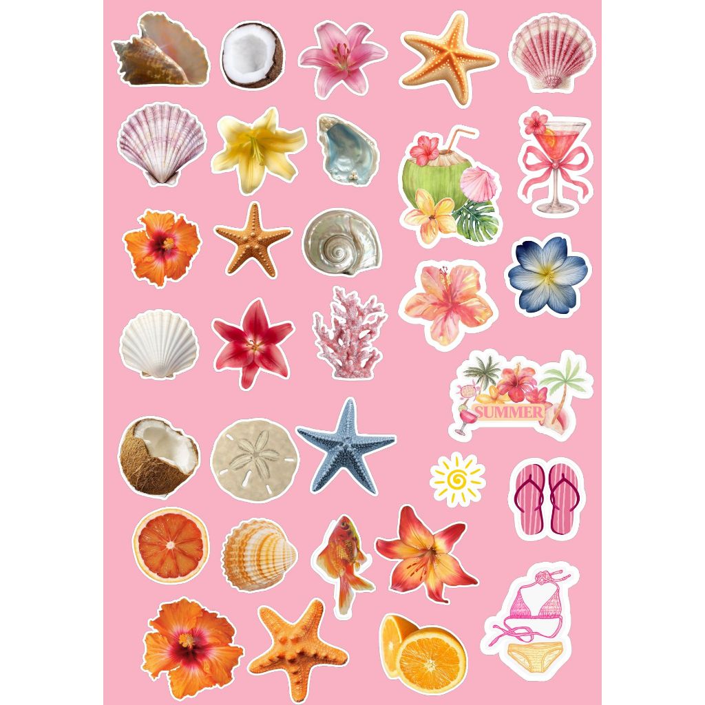 Kit 32 Adesivos Verão Praia– Impressos em Papel Adesivo para Journal, Aesthetic e Scrapbook em Oferta na Shopee