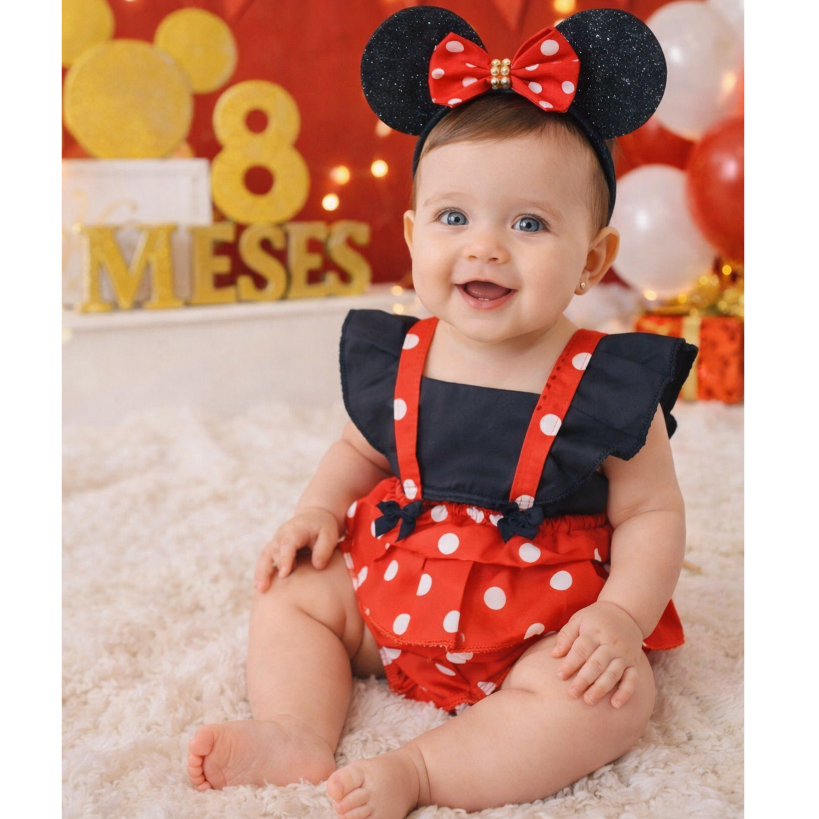 Kit Romper Bebê Menina Infantil + Tiara Orelhas Minnie - Mesversário Fantasia 03 a 12 meses