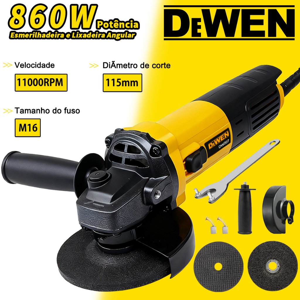 Esmerilhadeira Lixadeira Angular 860w,115mm,Interruptor liga/desliga Lateral Profissional Com 2 Discos