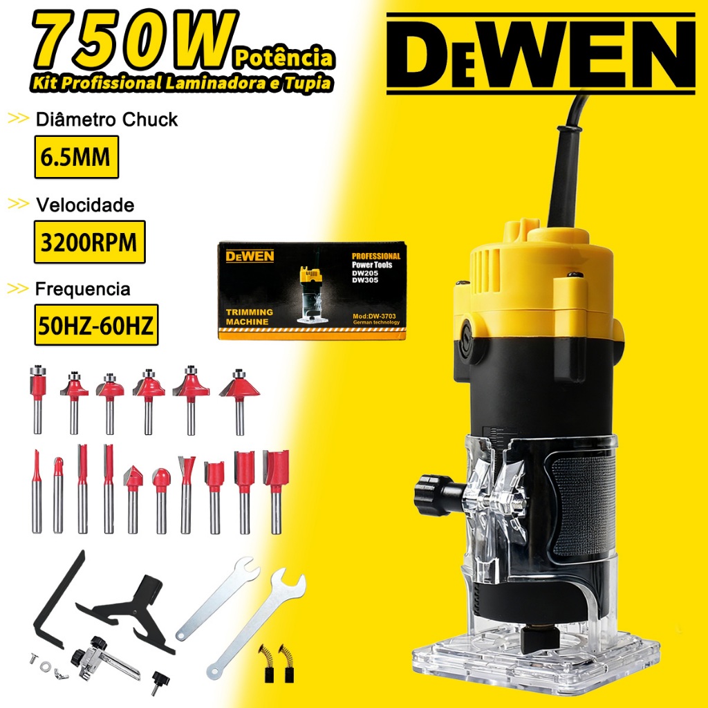 Kit Profissional Laminadora e Tupia 750w 6.5mm + Jogo De Fresas 15 Peças（127V/220V）Tupia Elétrica em Oferta na Shopee