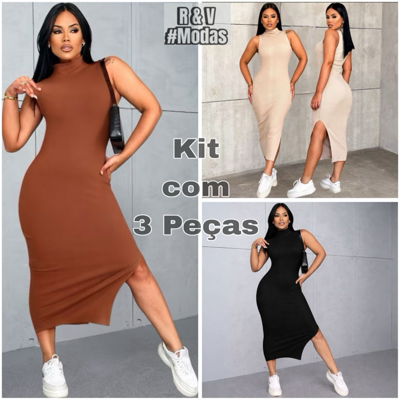 kit Vestido Regata Midi Canelado Com fenda Lateral Diversas Cores Envio imediato Preço Promocional Monte seu Combo