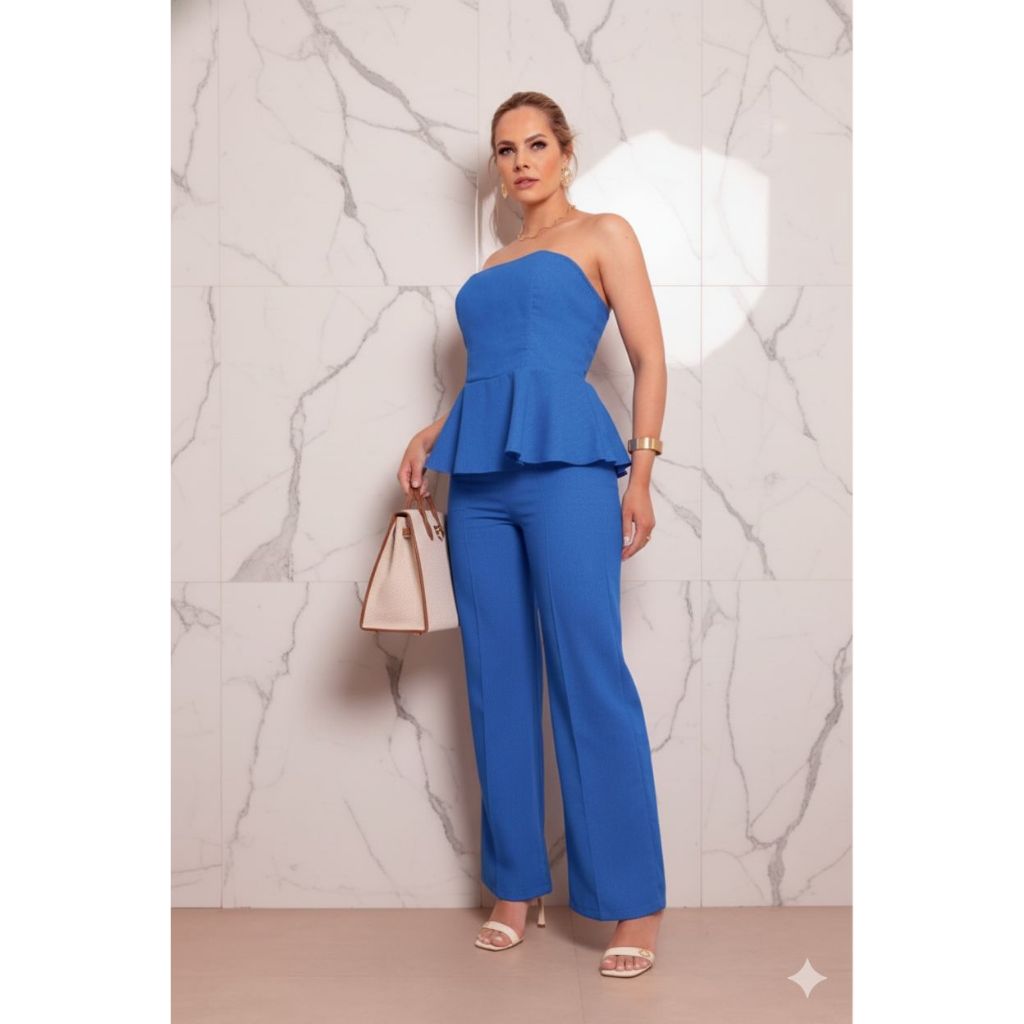 Conjunto Blusa Peplum Babados Tomara que Caia Em Linho Misto e Calça Moda Elegante REF: Leona em Oferta na Shopee