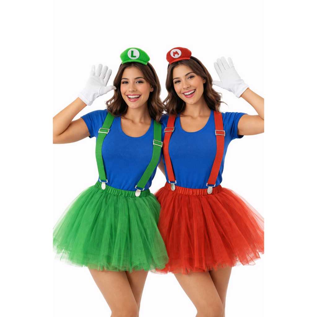 KIT Fantasia Super Mario + Luigi + 4 ITENS / Tiara Mario Bros+ Tiara Luigi + Saia + Suspensório + Luva (Bigode) e luva em Oferta na Shopee