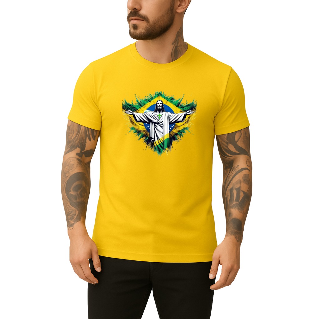 Camiseta Masculina 100% Algodão Estampa Brasil Jesus Cristo Copa do Mundo 2026 Camisa Blusa Unissex Cristo Redentor