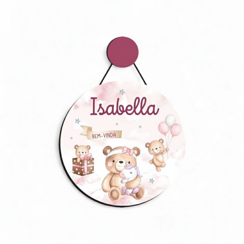enfeite porta maternidade ursinha aquarela menina em MDF personalizado