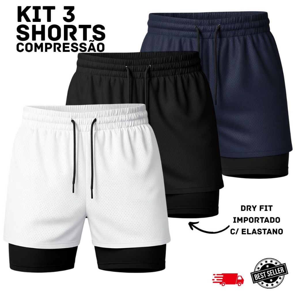 KIT 3 Bermuda academia masculina short 2 em 1  Com Bolso interno Treino Esporte elastano dry fit